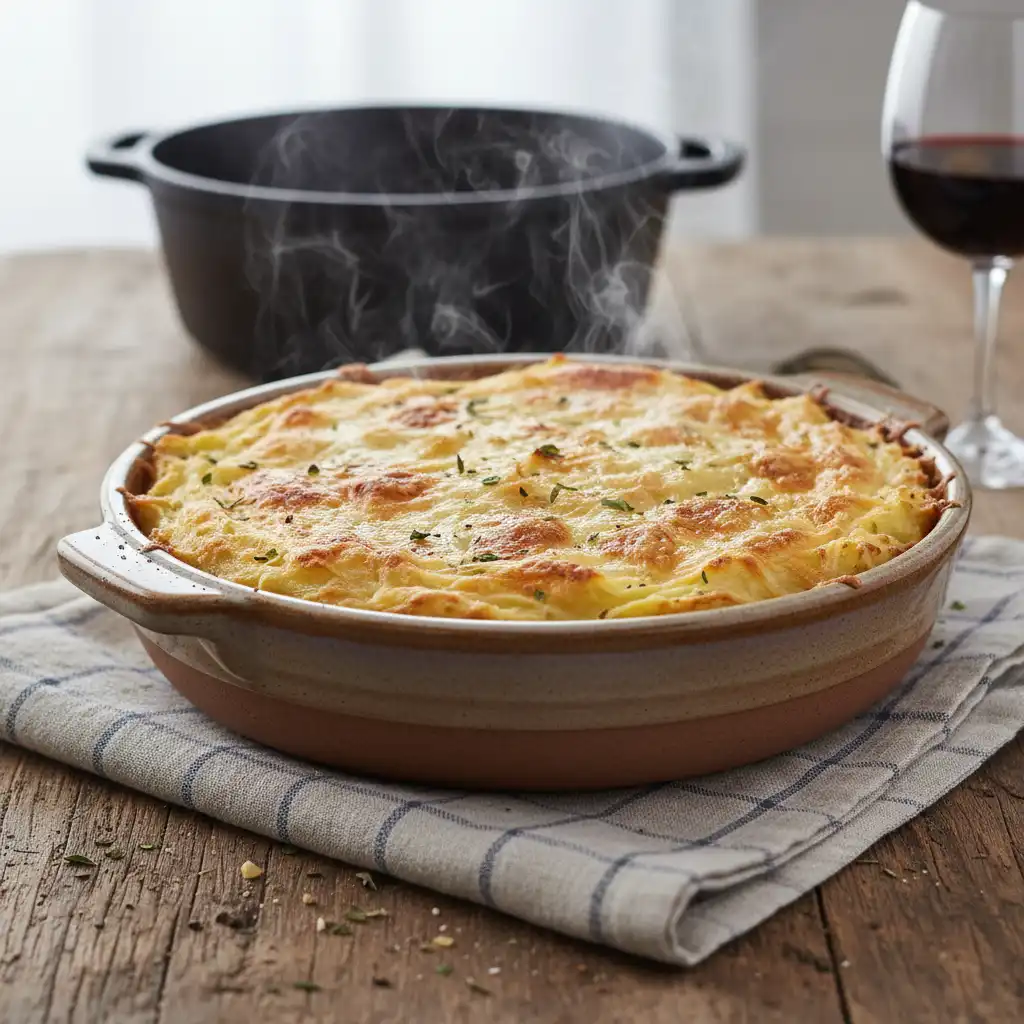 Golden gluten free Shepherd's Pie with cheesy potato topping