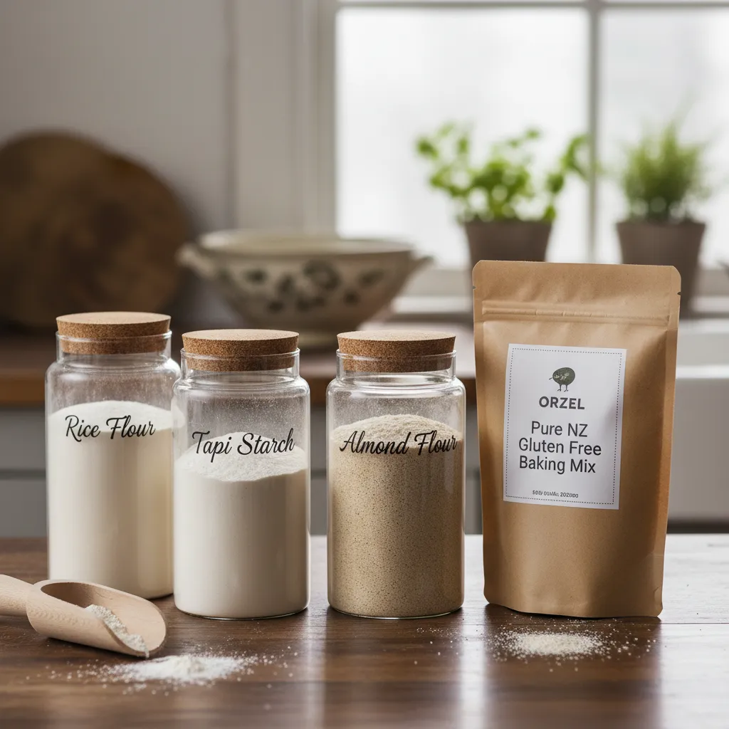 Assortment of gluten free flours and baking blends common in NZ kitchens