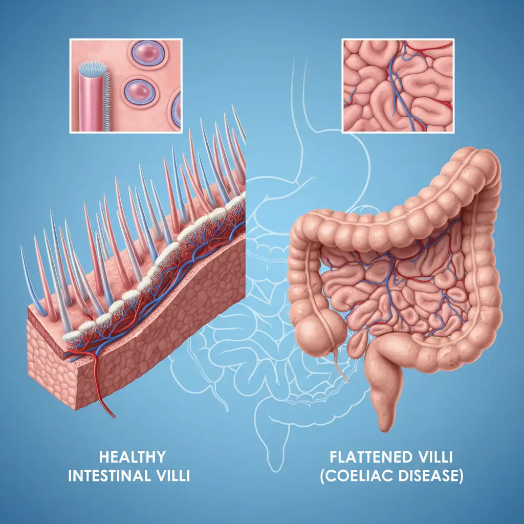 Comparison of healthy villi and villous atrophy in the small intestine