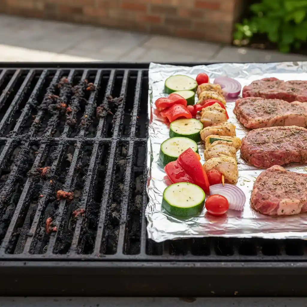 Comparison of a dirty shared BBQ grill versus a safe foil-lined cooking zone
