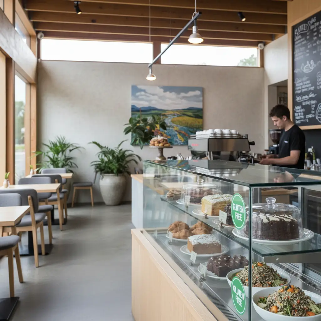 Gluten free food cabinet options in a New Zealand cafe