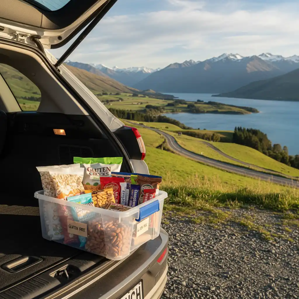 Organized gluten free travel pantry in a car boot