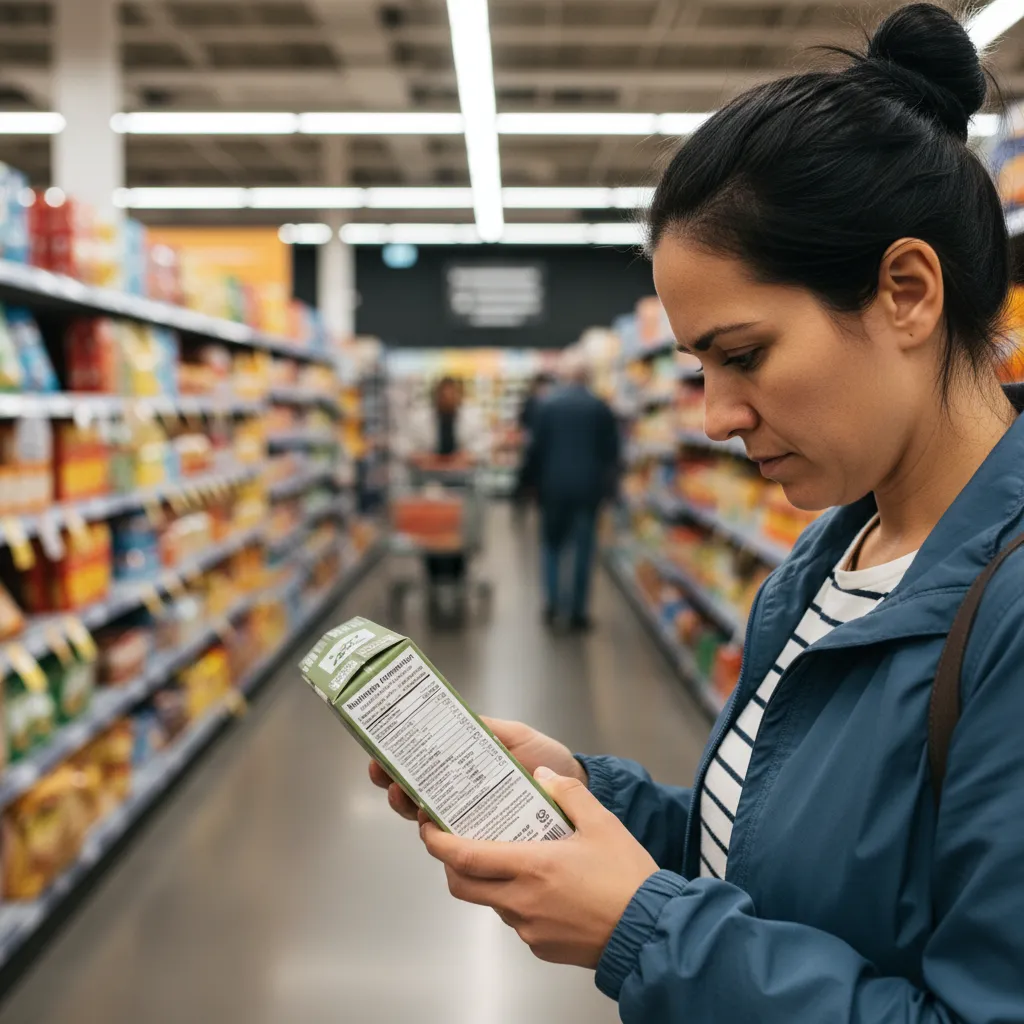 Shopper inspecting food labels in a NZ supermarket