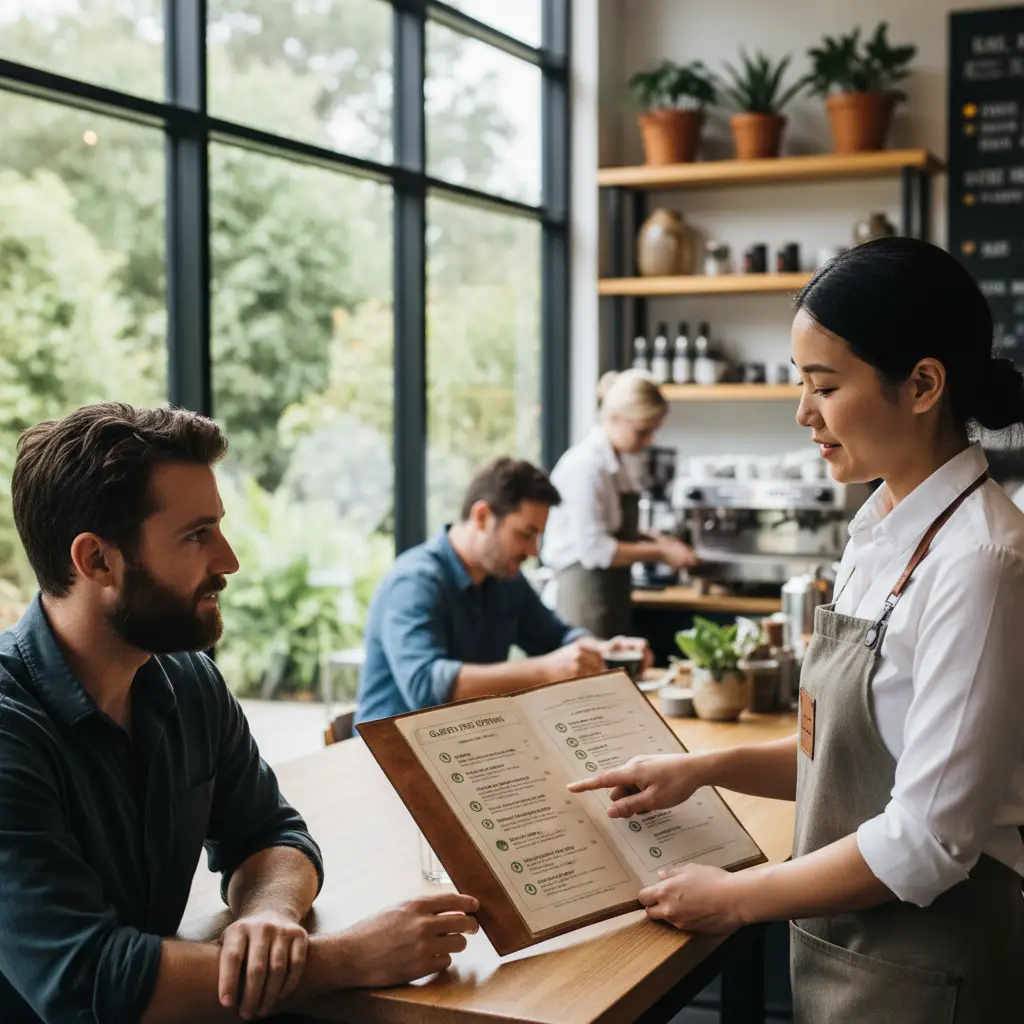 Discussing gluten-free menu options with a waiter in a New Zealand cafe