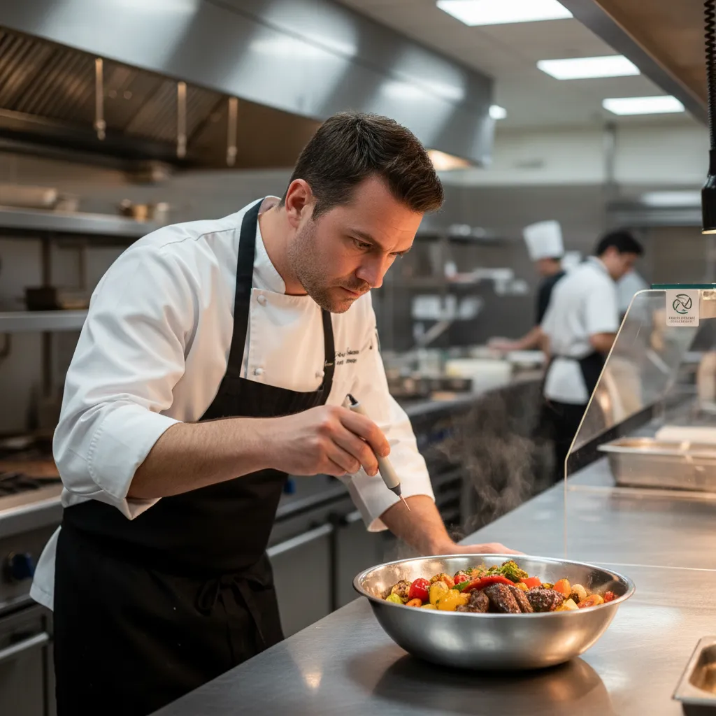 Chef inspecting a dish in a professional kitchen
