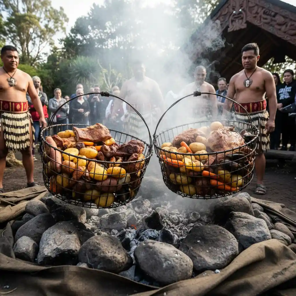 Traditional Maori Hangi preparation showing food baskets and steam