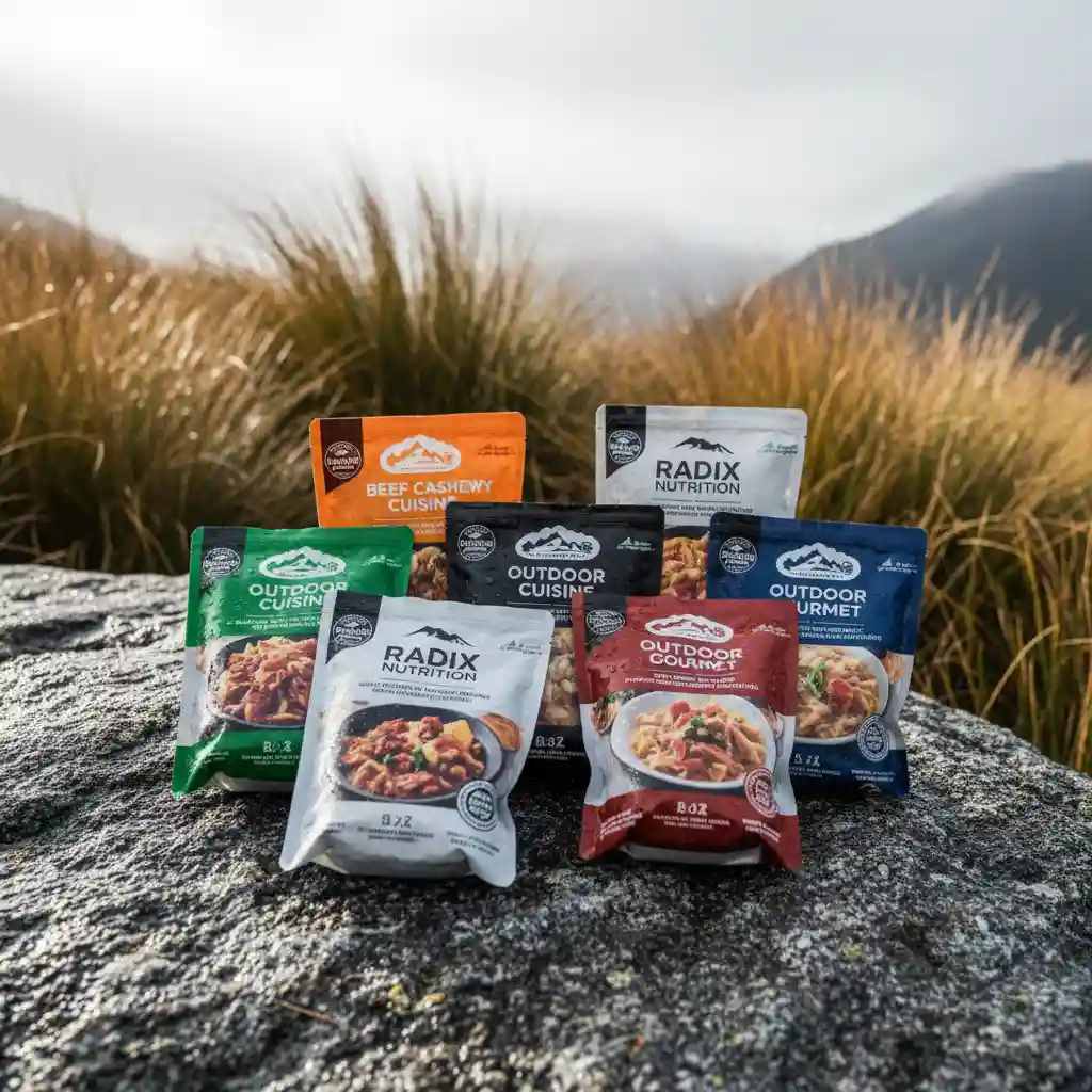 Assortment of gluten free tramping food packets in NZ wilderness