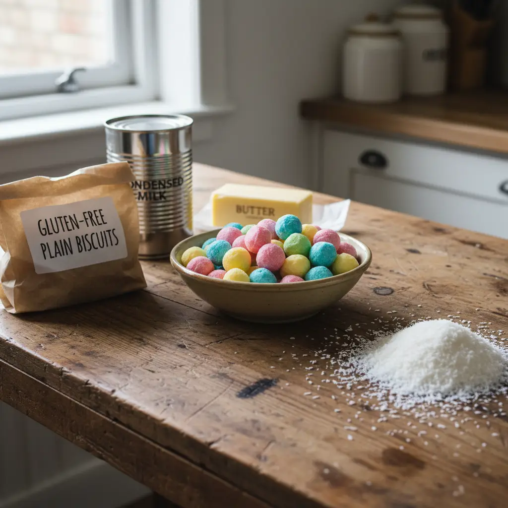 Ingredients for gluten free lolly cake including GF biscuits and fruit puffs