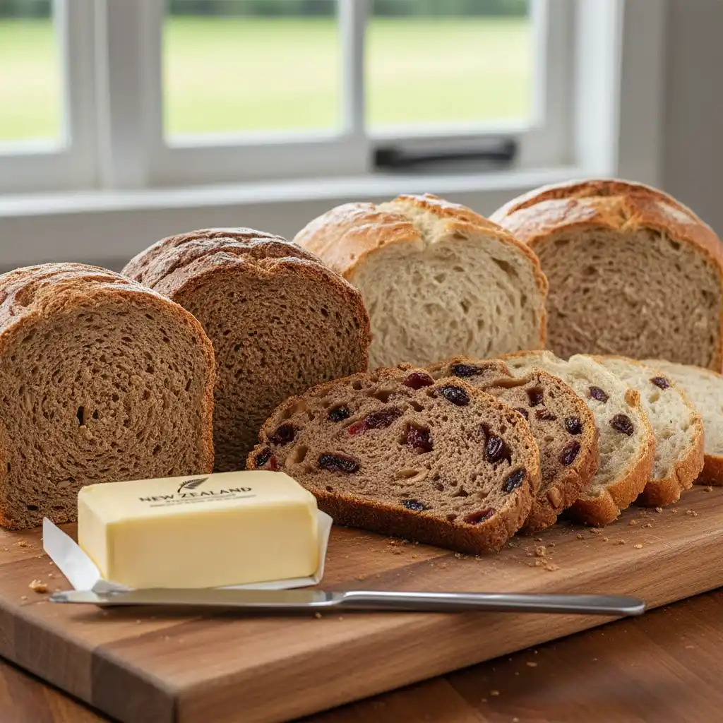 Assortment of New Zealand gluten free bread brands on a wooden board