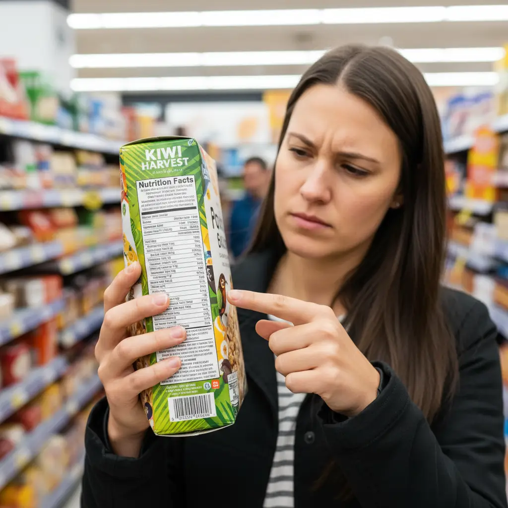 Shopper reading food labels gluten free NZ in a supermarket aisle