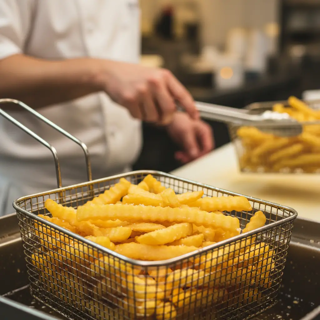 Deep fryer basket in a commercial kitchen highlighting cross contamination risks