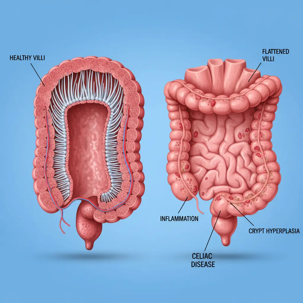 Comparison of healthy intestinal villi versus celiac disease atrophy
