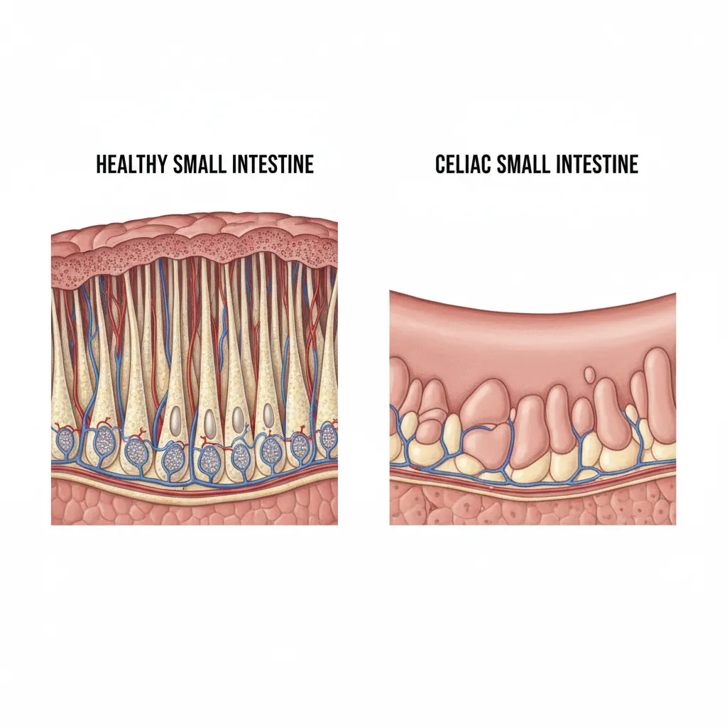 Comparison of healthy intestinal villi versus damaged villi in celiac disease