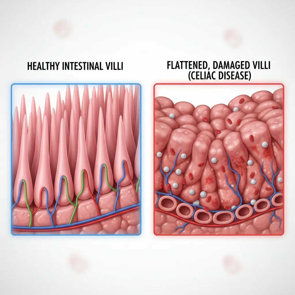 Comparison of healthy vs damaged intestinal villi in celiac disease