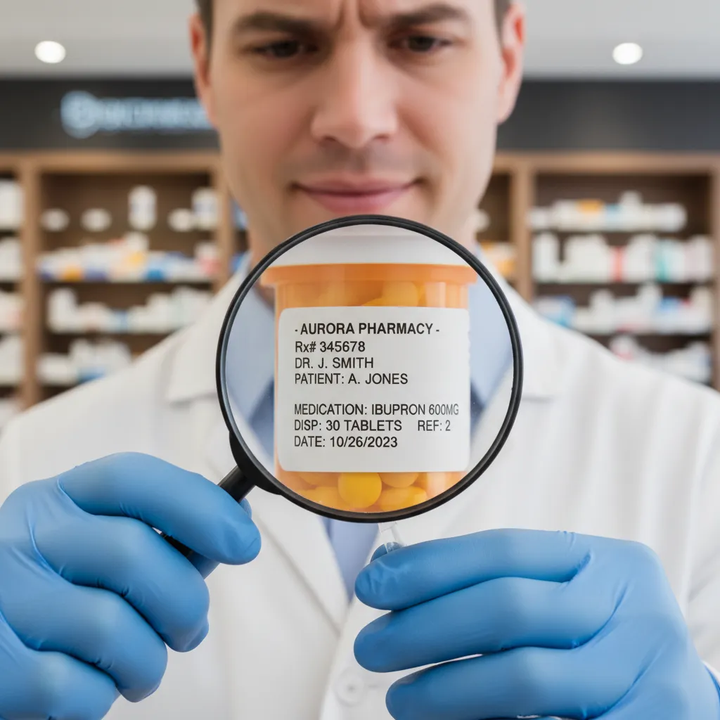 Pharmacist checking medication labels for gluten content