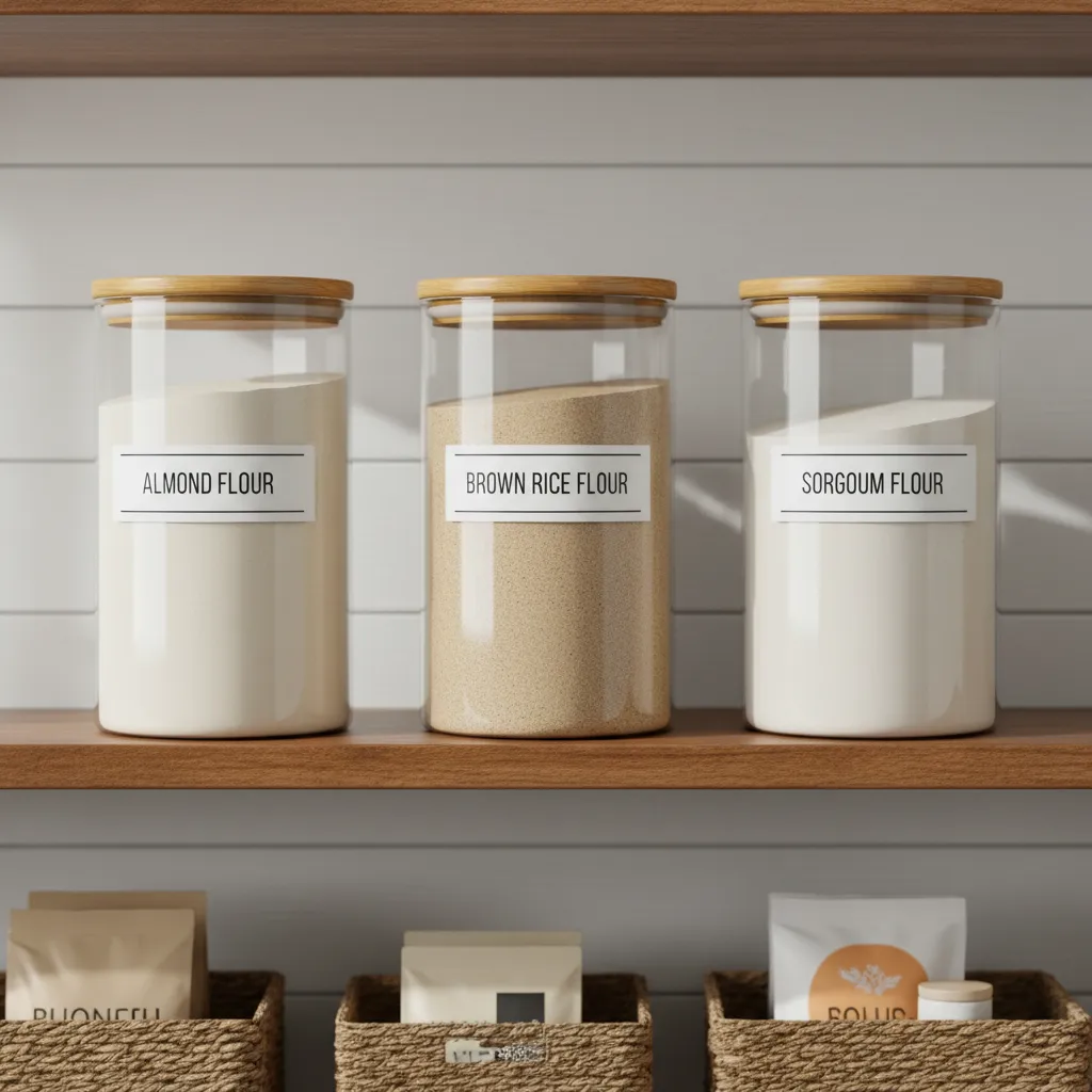 Organized gluten-free pantry shelves with labeled glass jars of alternative flours