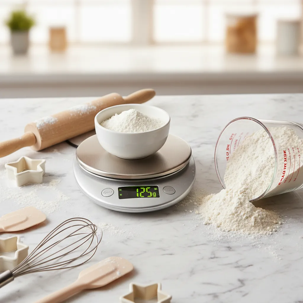 Weighing gluten-free flour on a digital scale for recipe conversion