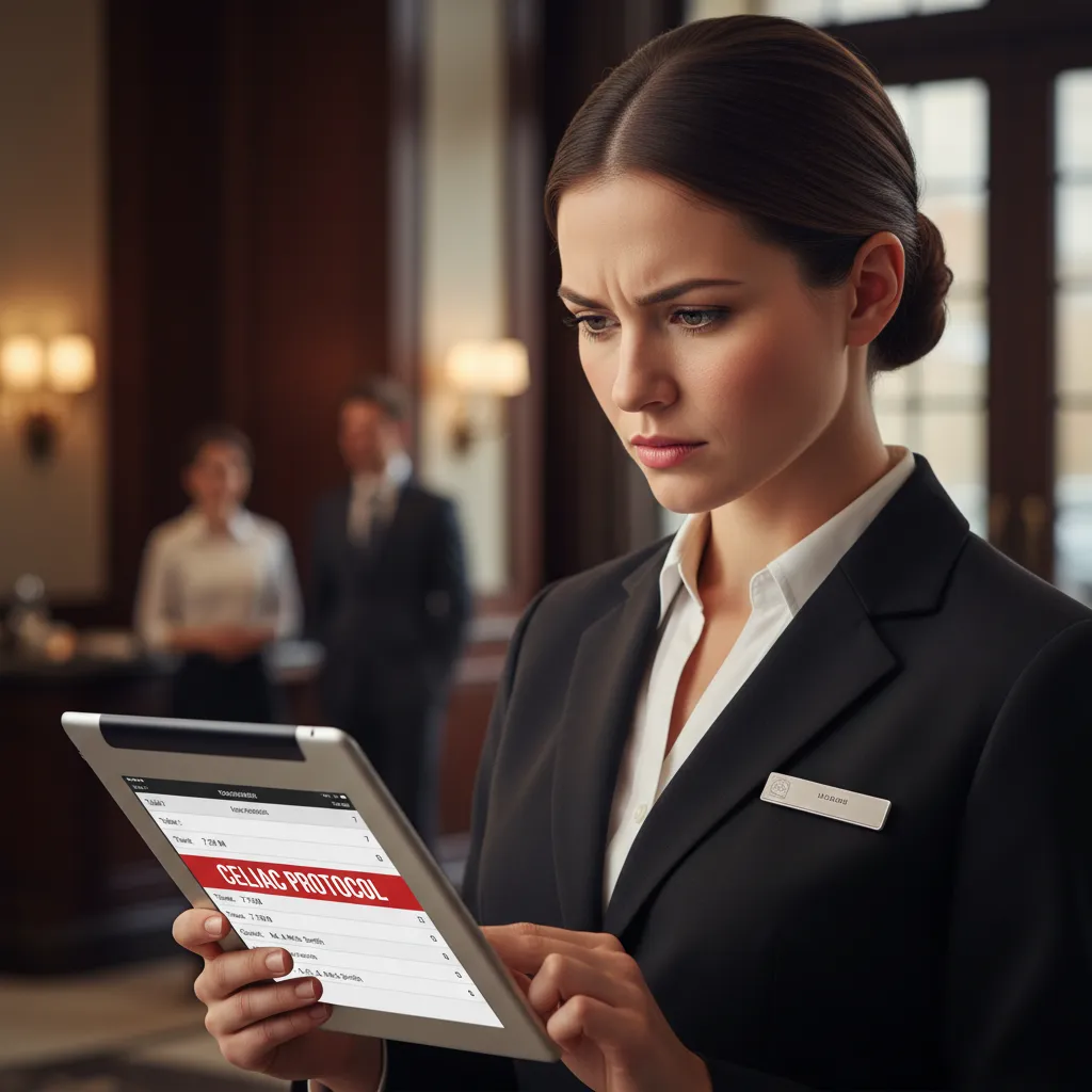 Restaurant hostess reviewing specific dietary notes for a gluten-free reservation