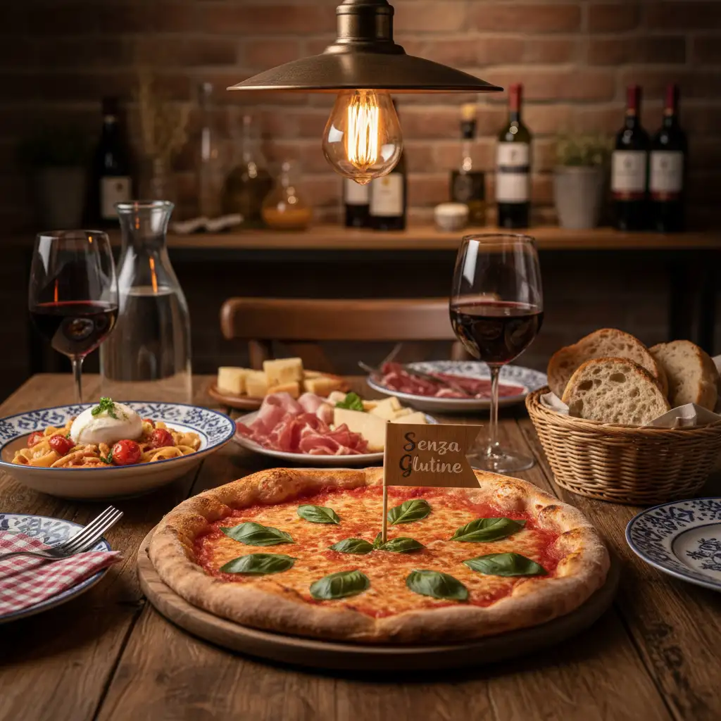 Gluten free pizza in an Italian restaurant with Senza Glutine sign