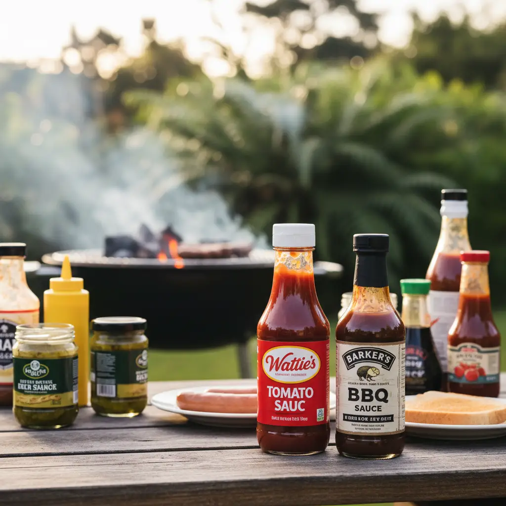 Assortment of BBQ and Tomato sauces on a picnic table