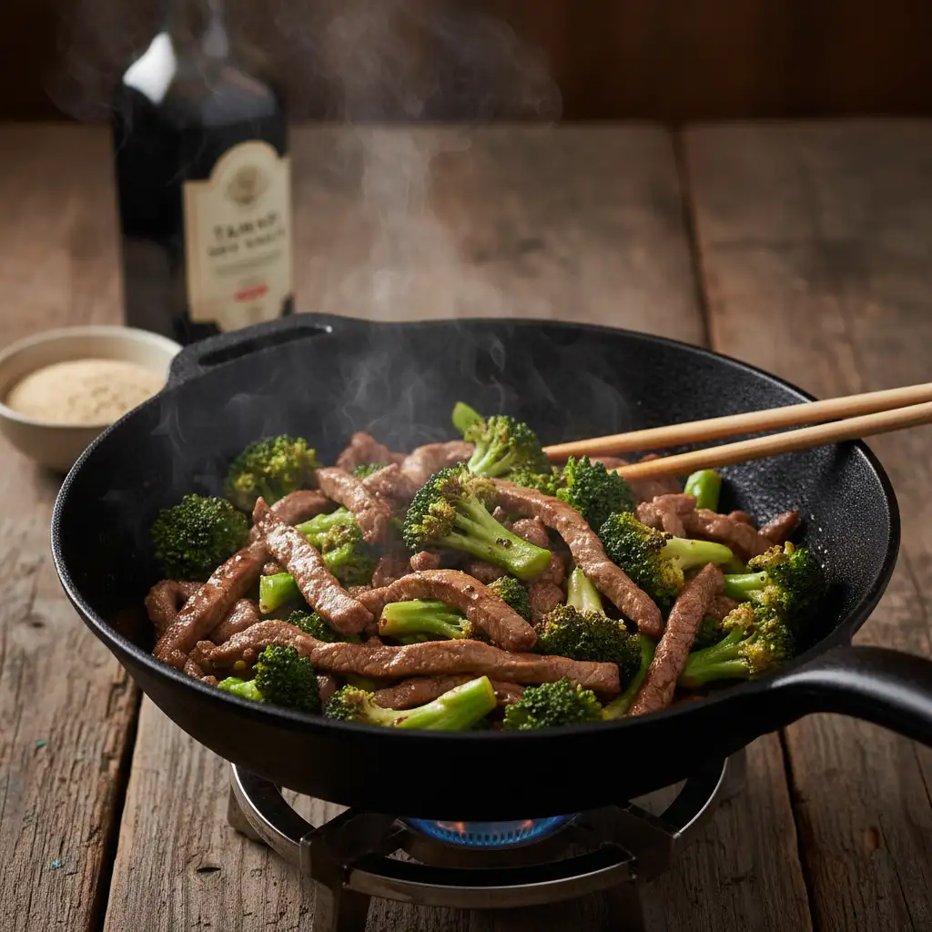Gluten free beef stir fry cooking in a wok