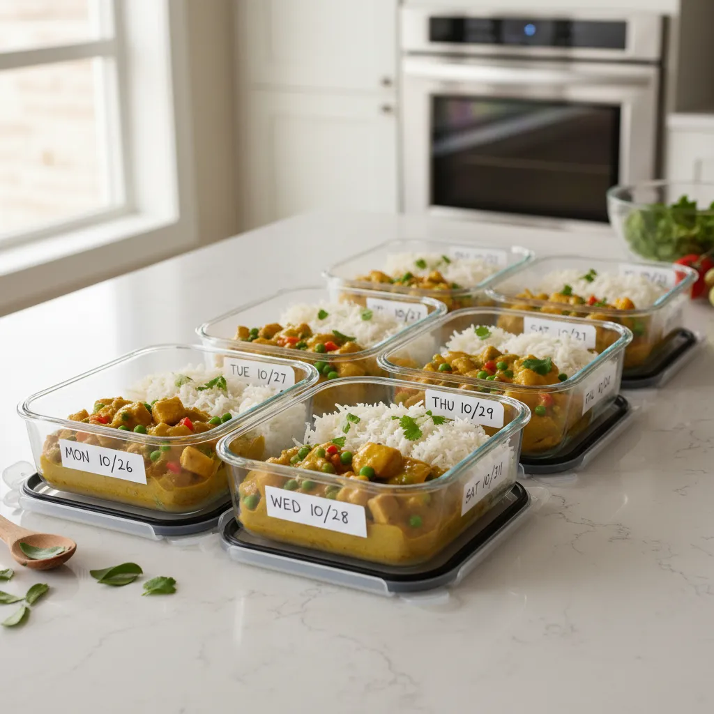 Meal prep containers with gluten-free curry and rice