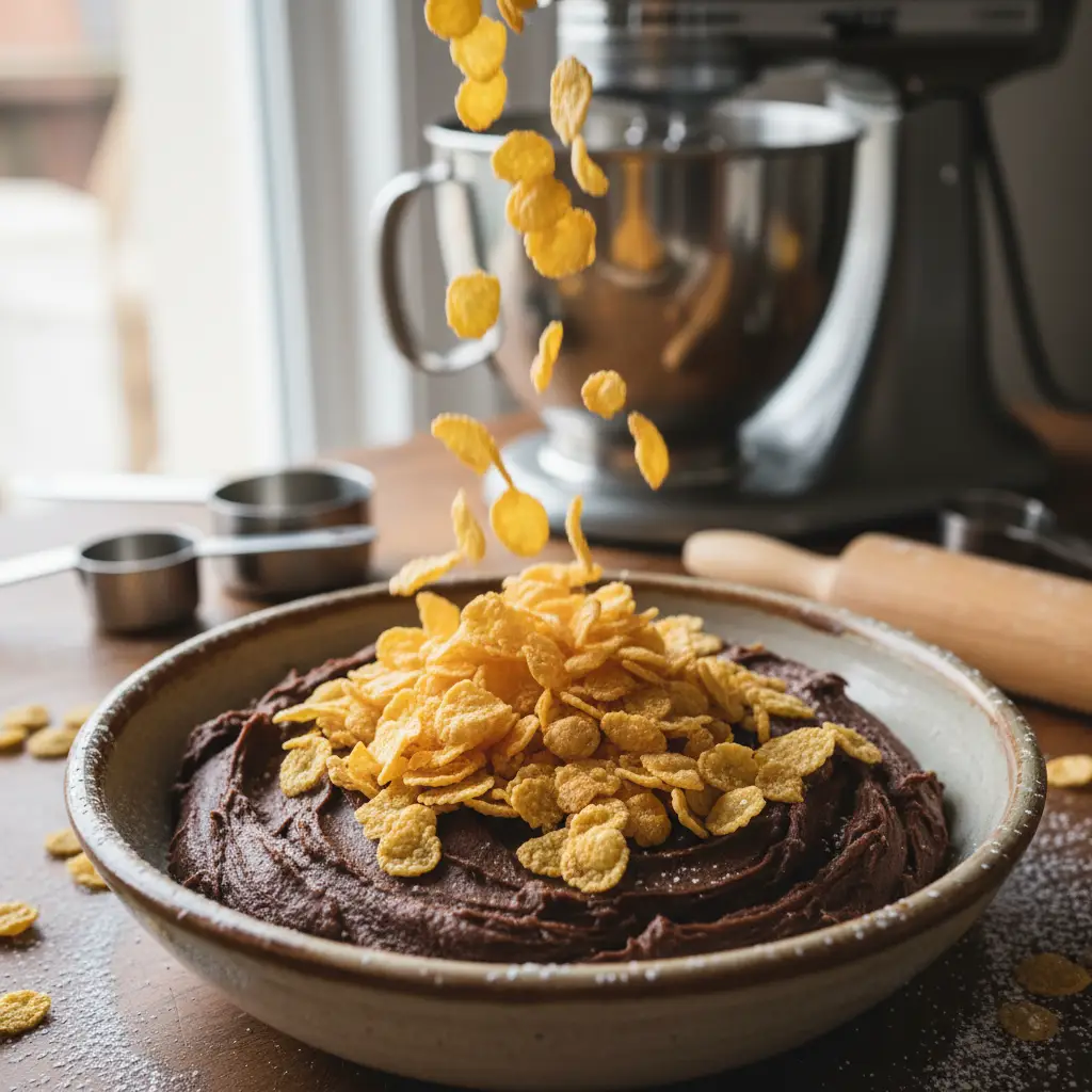 Adding gluten free cornflakes to Afghan biscuit dough