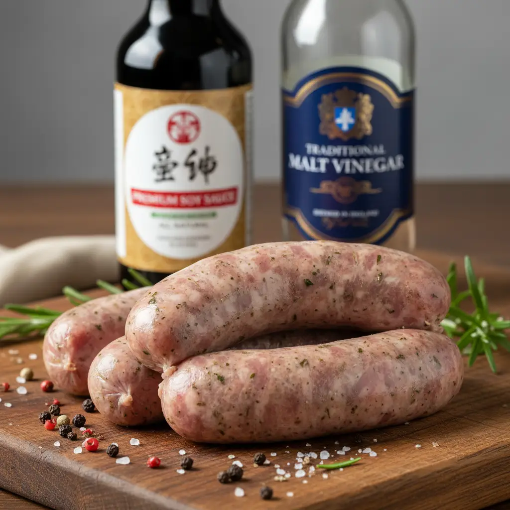 Raw sausages and marinade bottles showing potential hidden gluten sources