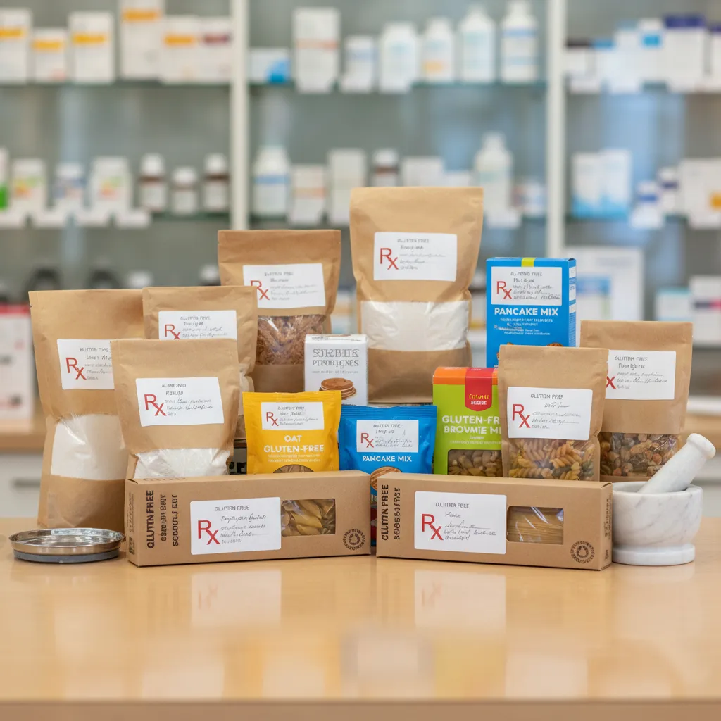 Prescription gluten-free food products on a pharmacy counter