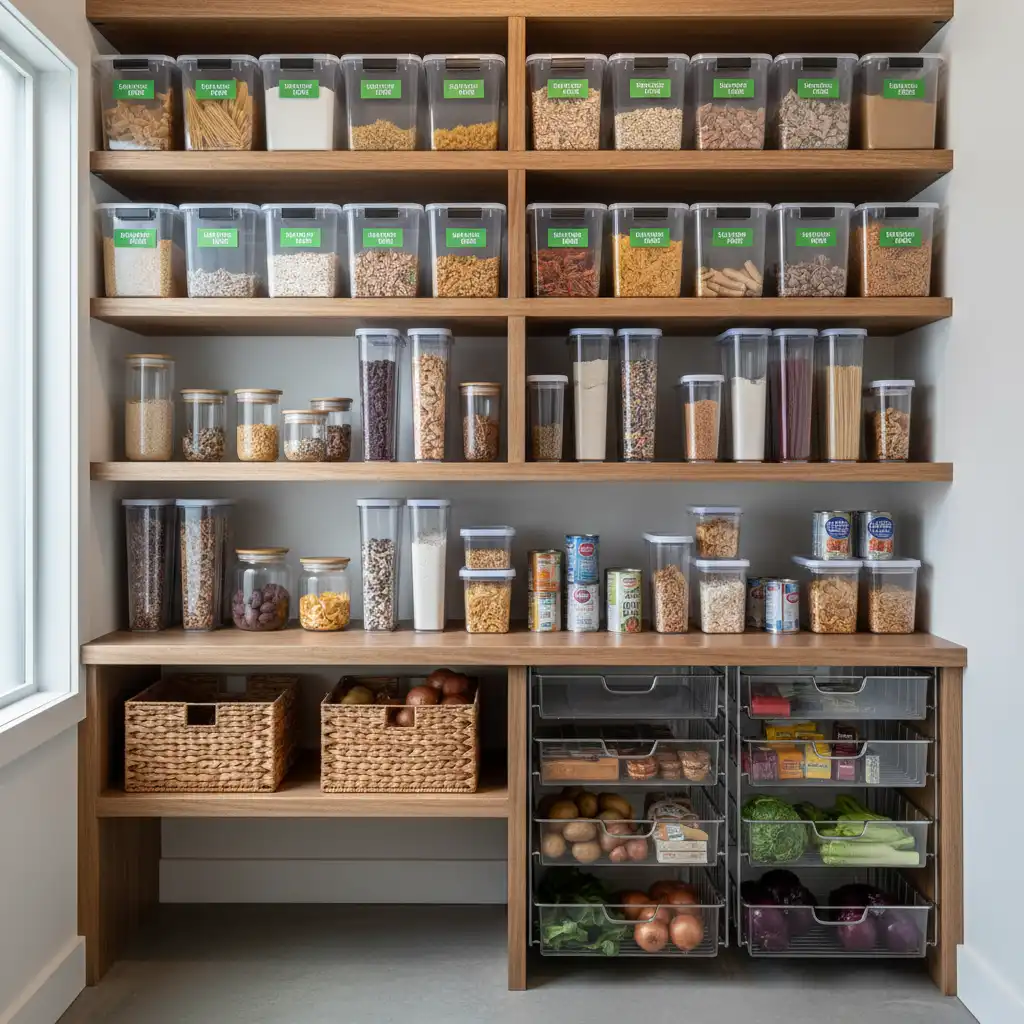 Organized pantry demonstrating the gluten-free top shelf rule