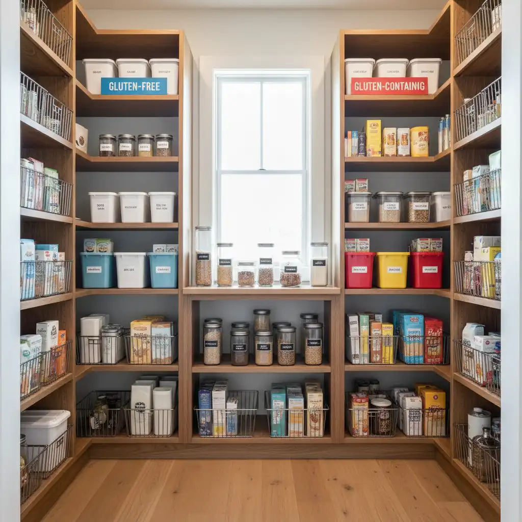 Organized pantry with separate gluten-free and gluten sections