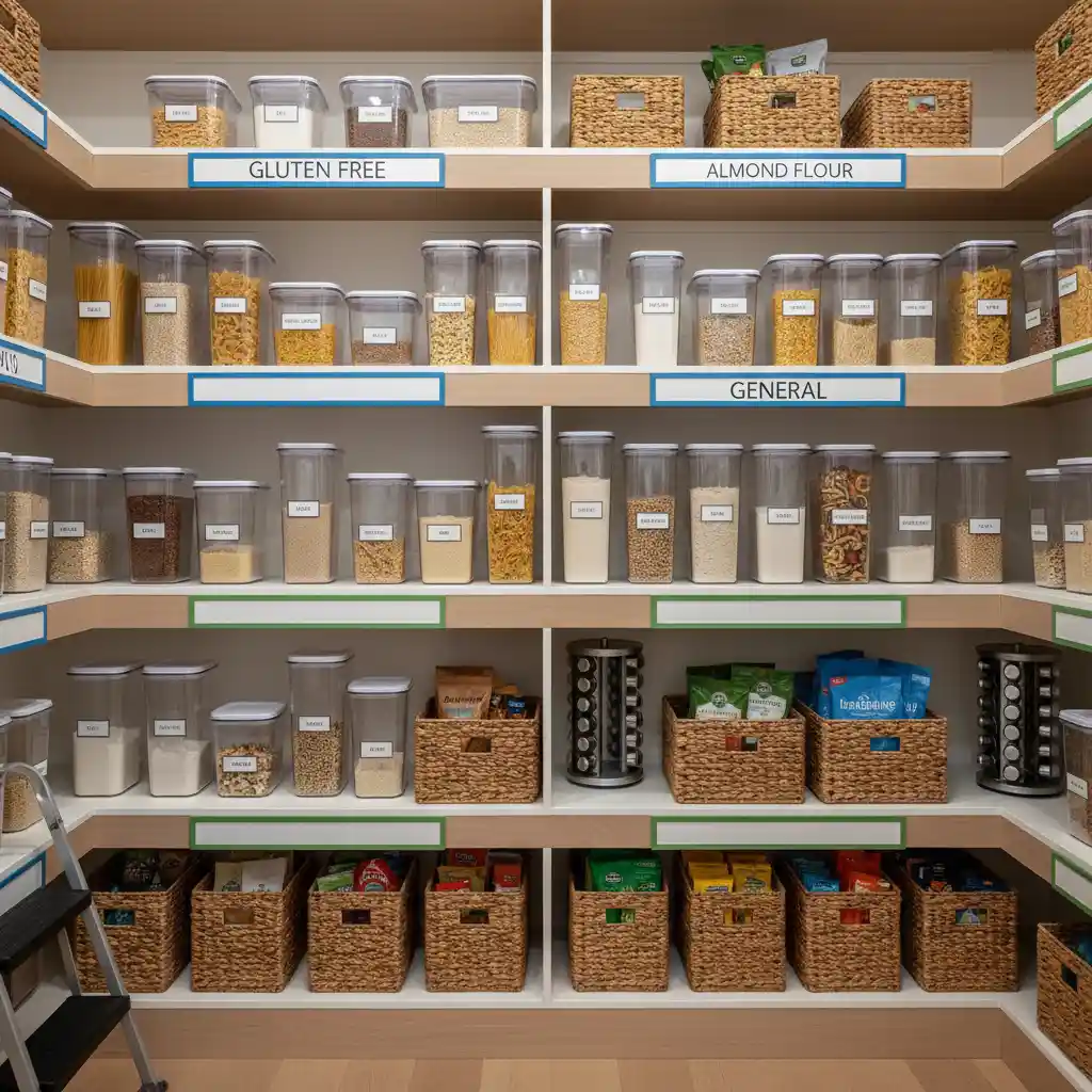 Organized pantry with distinct Gluten Free zones