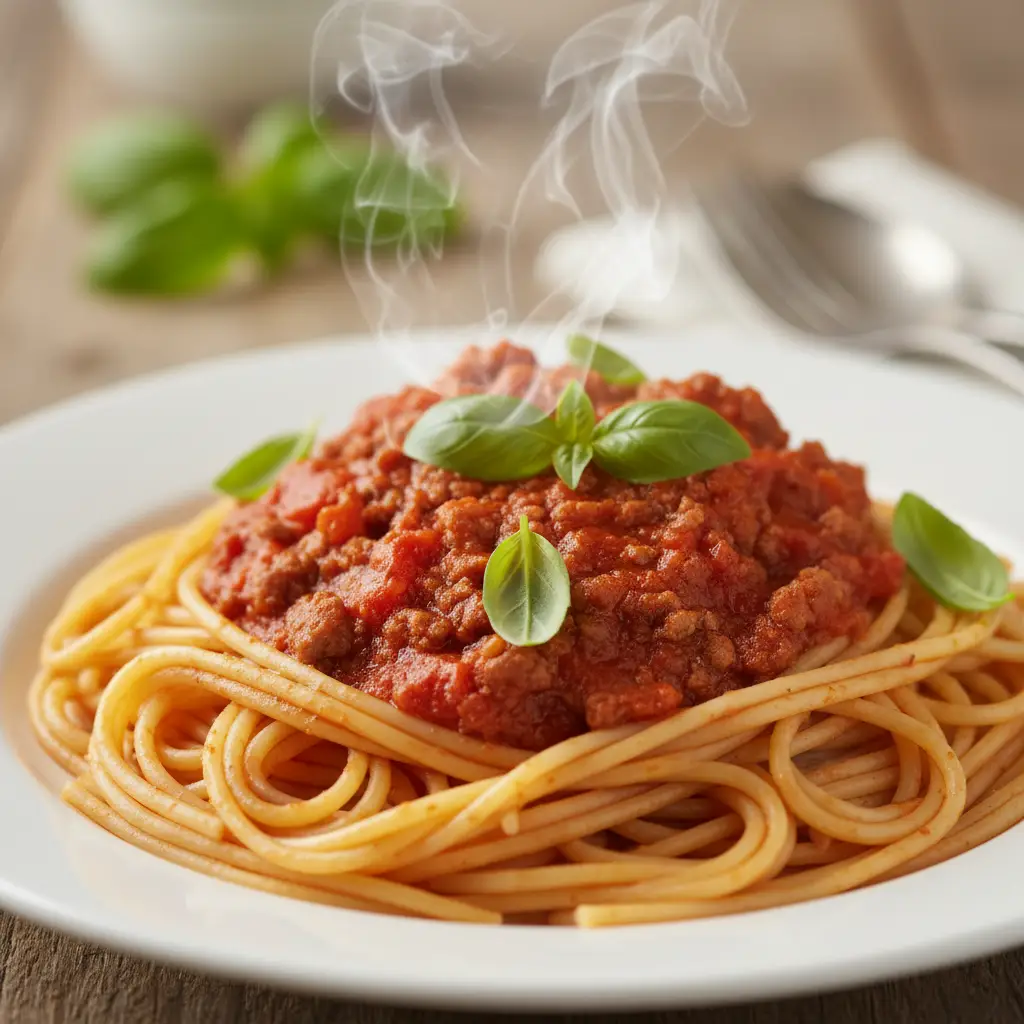 Cooked gluten free spaghetti with rich tomato sauce
