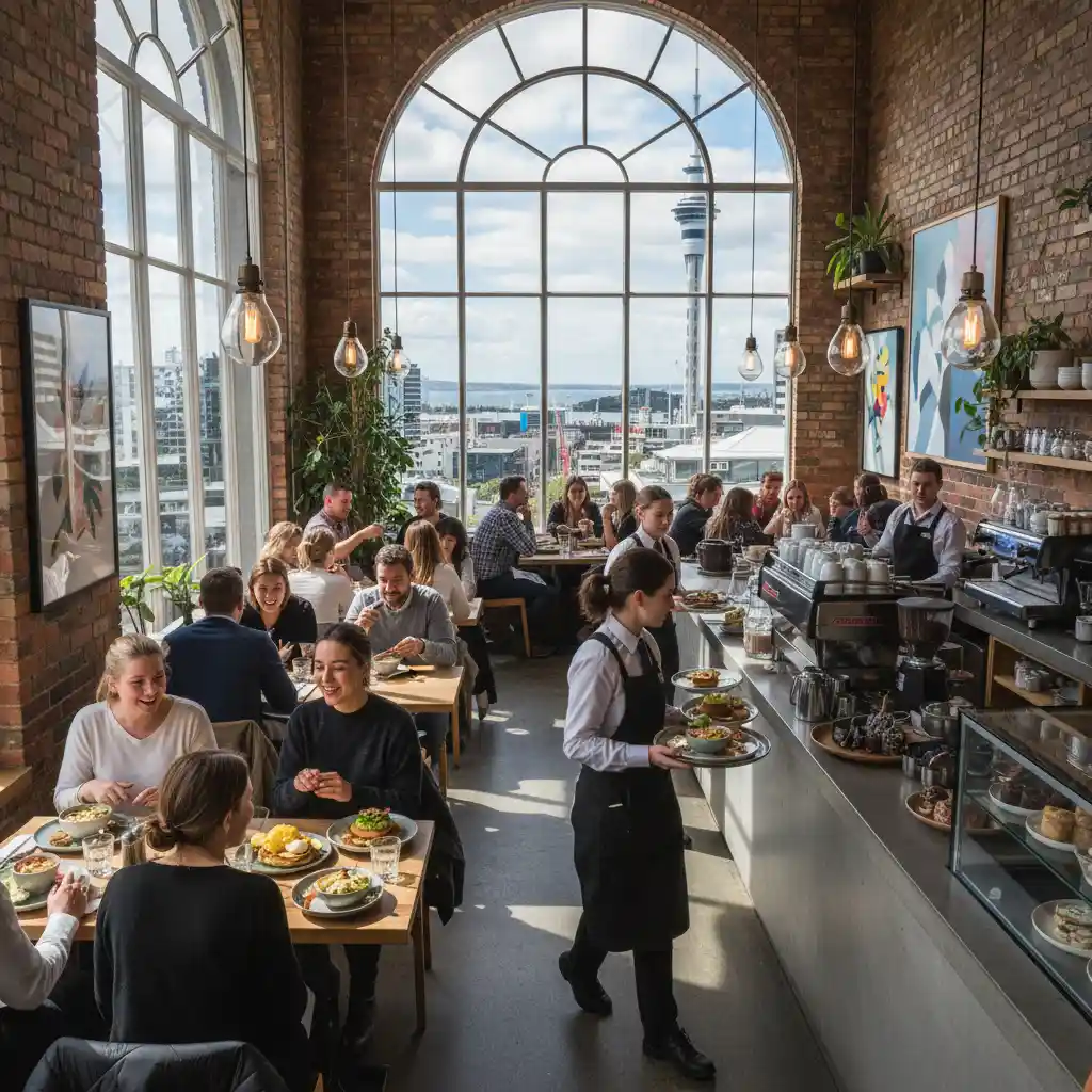 Interior of a popular Auckland CBD cafe during brunch hour