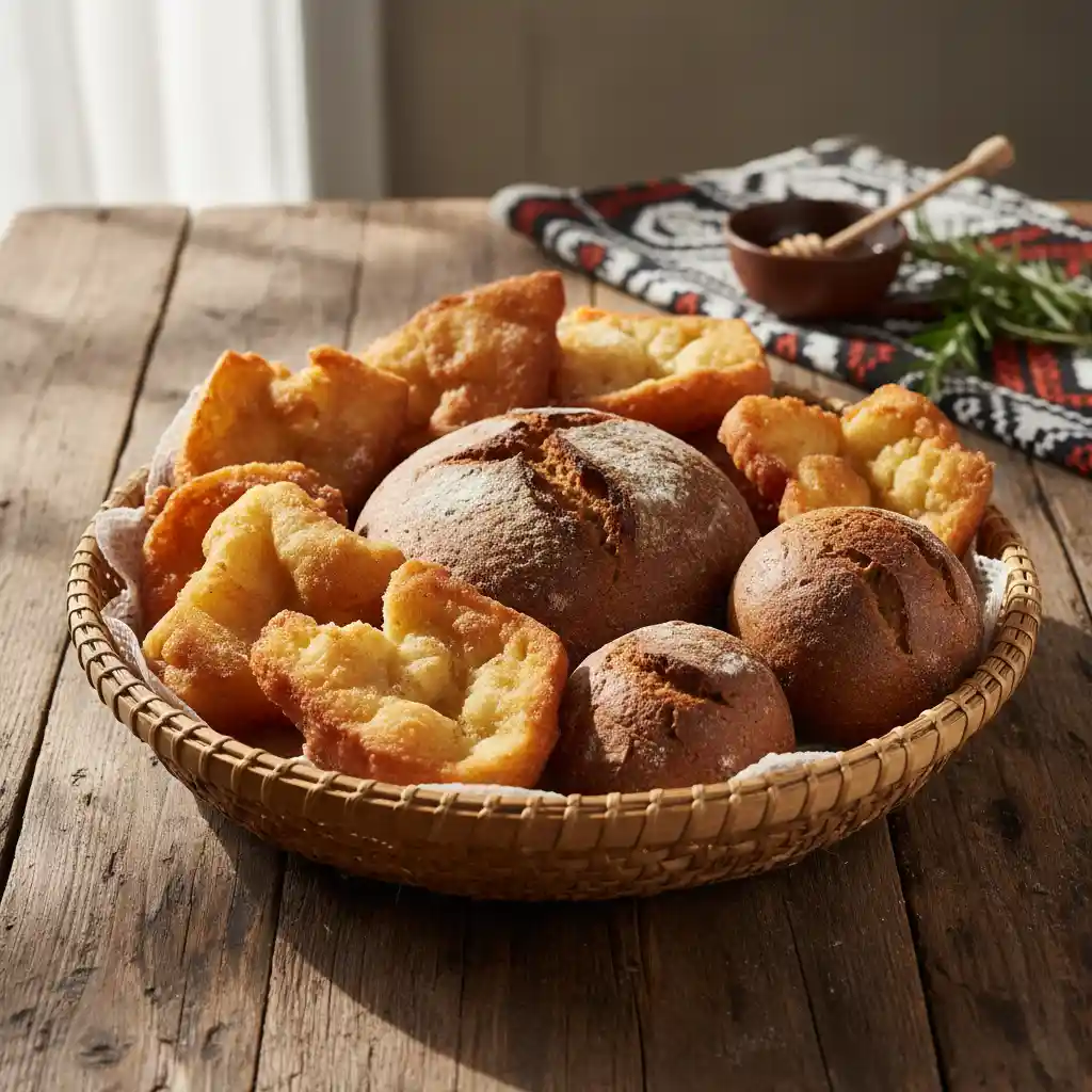 Basket of traditional Maori fried bread and rewena bread