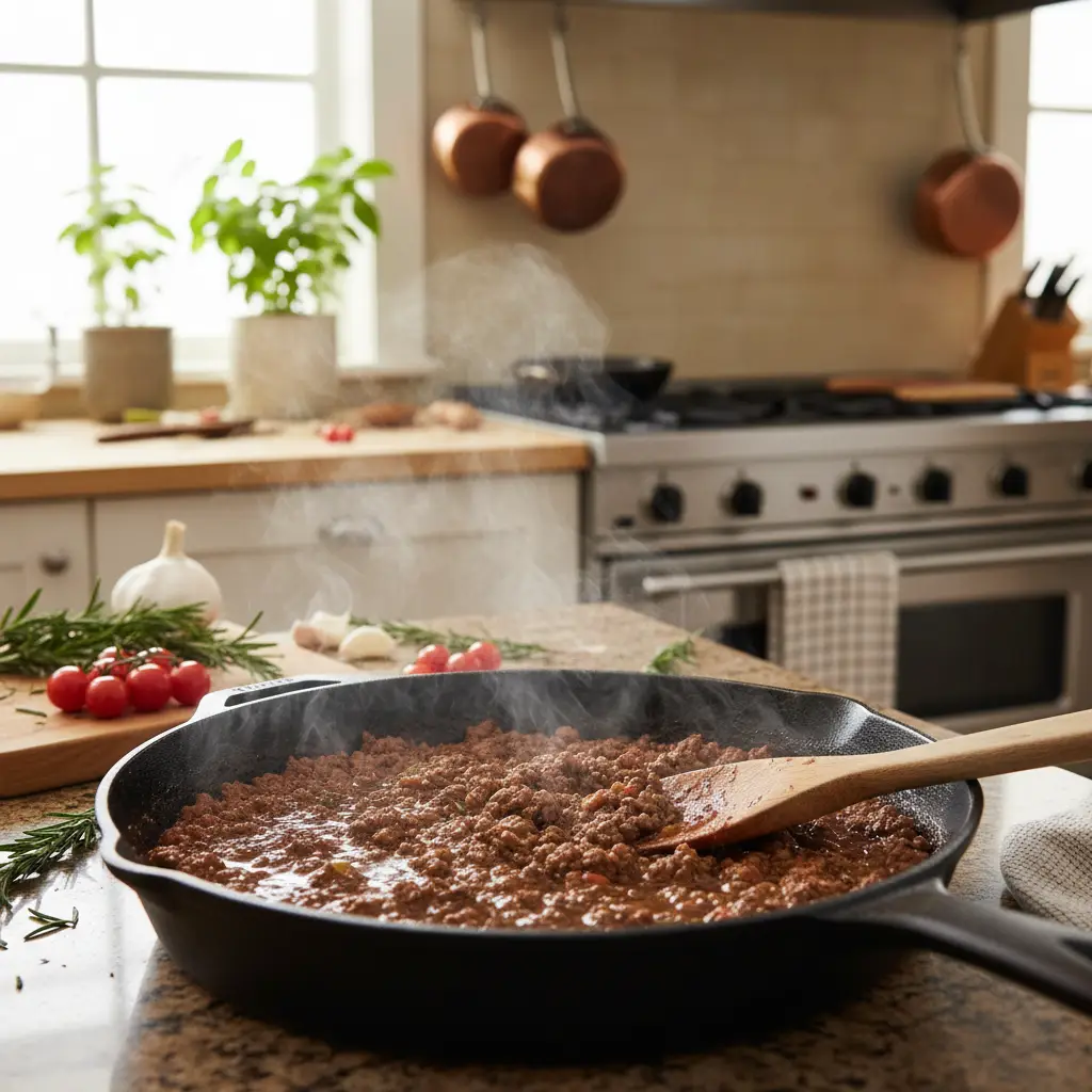 Rich gluten free beef mince filling simmering in a pan
