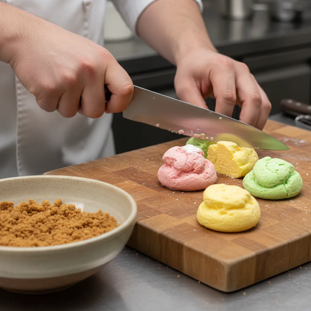 Chopping fruit puffs for gluten free lolly cake