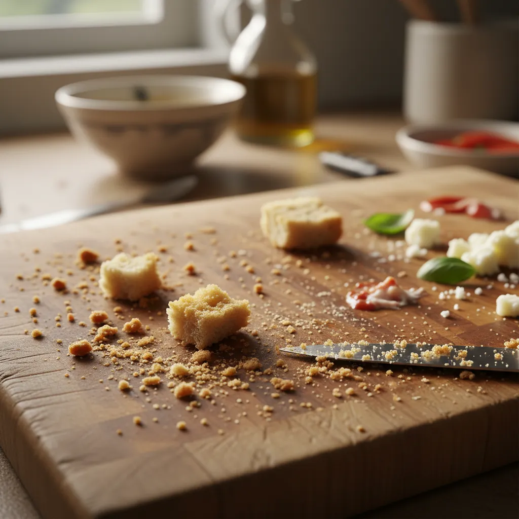 Breadcrumbs on a cutting board representing cross-contact risks