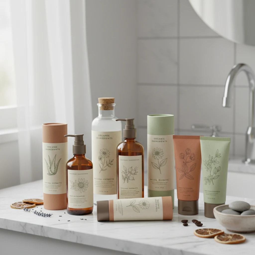 Assortment of cosmetic products being checked for gluten ingredients