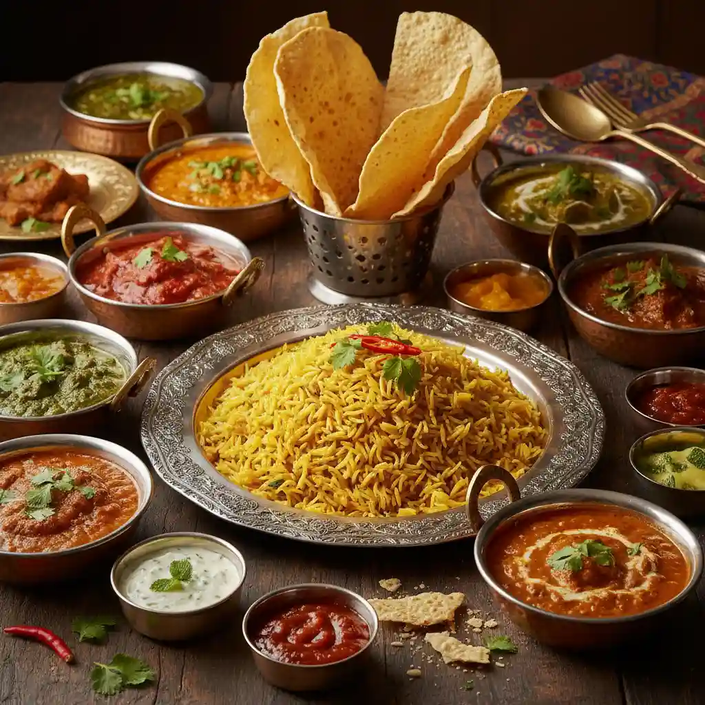 Gluten-free Indian cuisine spread with curry and rice