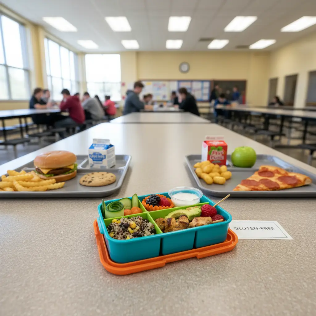 Safe gluten-free school lunch packed in a bento box