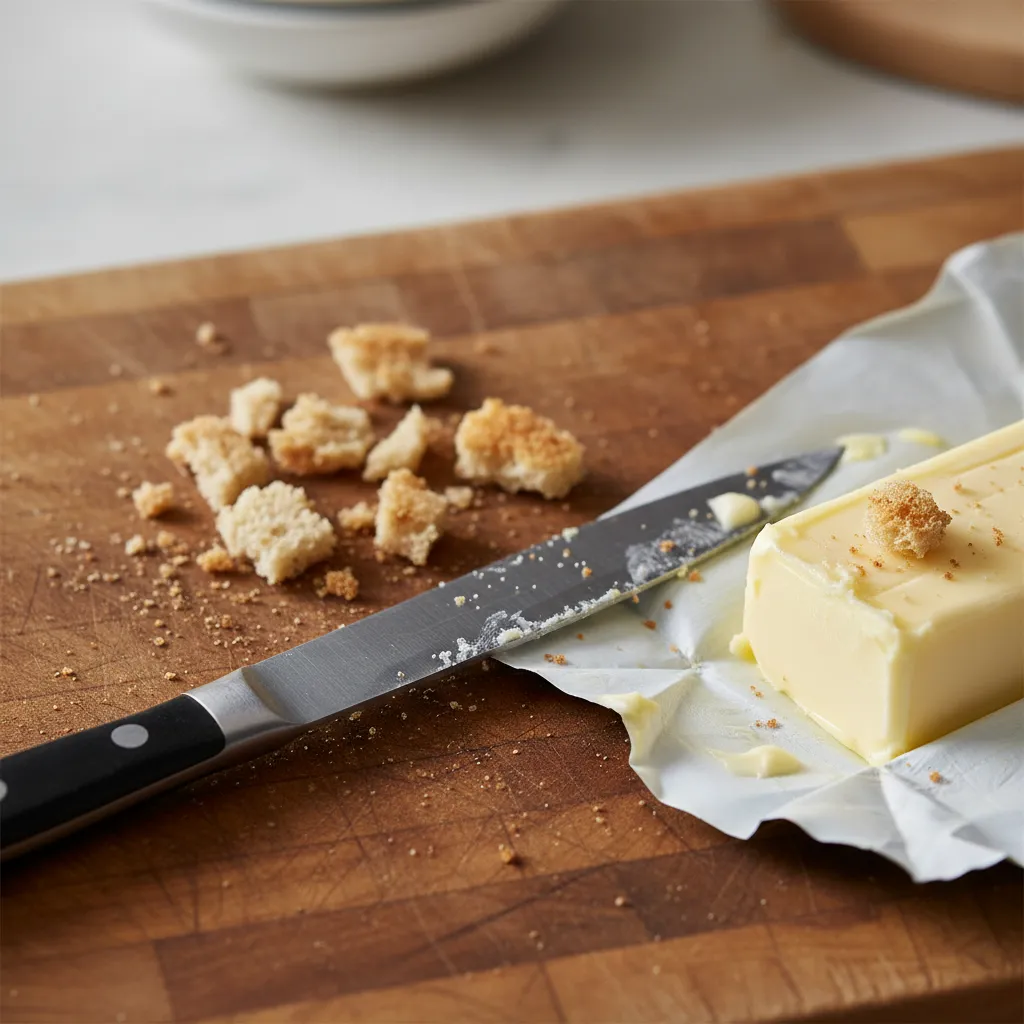 Bread crumbs on a cutting board representing cross-contact danger