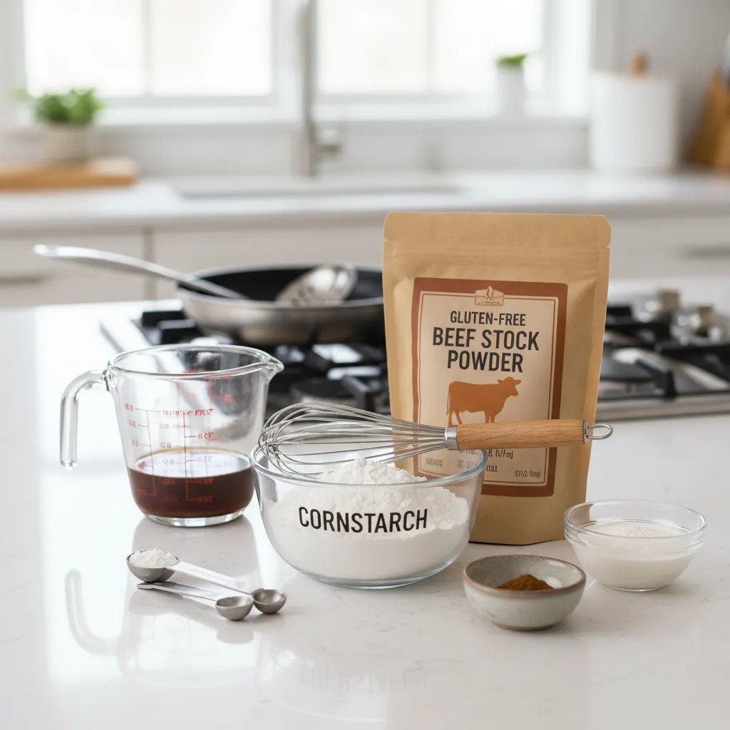 Ingredients for gluten-free gravy preparation including cornstarch