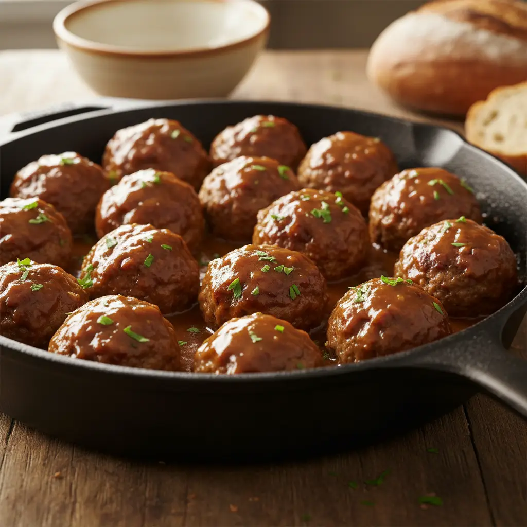 Juicy gluten free meatballs in rich brown gravy