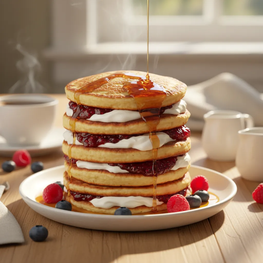 Stack of gluten free pikelets with jam and cream