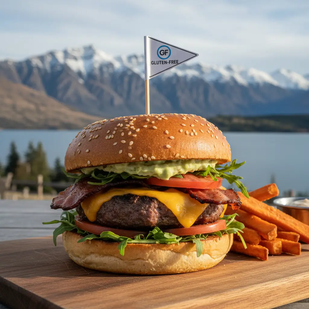 Gluten-free burger in Queenstown with mountain backdrop