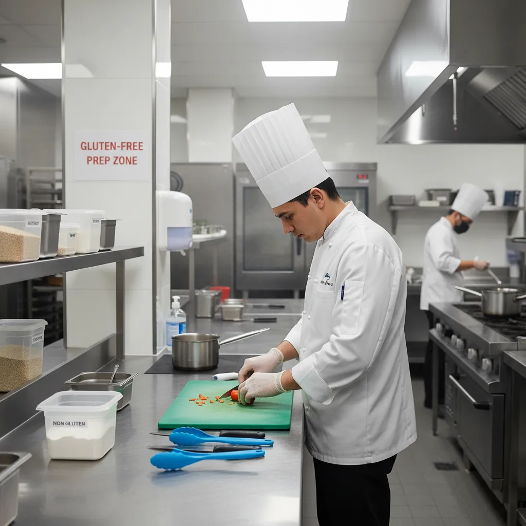 Chef preparing safe gluten free food in a restaurant kitchen