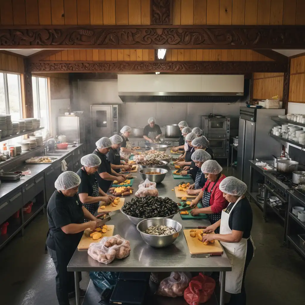 Busy marae kitchen volunteers preparing food