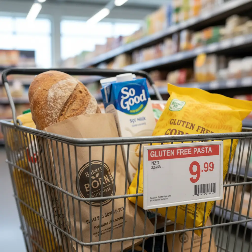 Shopping basket with gluten free staples and price tags