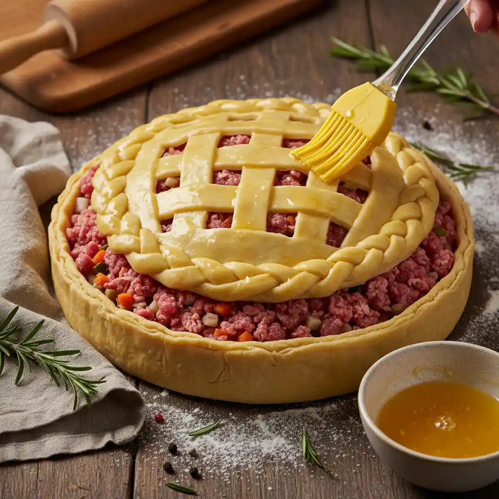 Applying egg wash to gluten free meat pie before baking